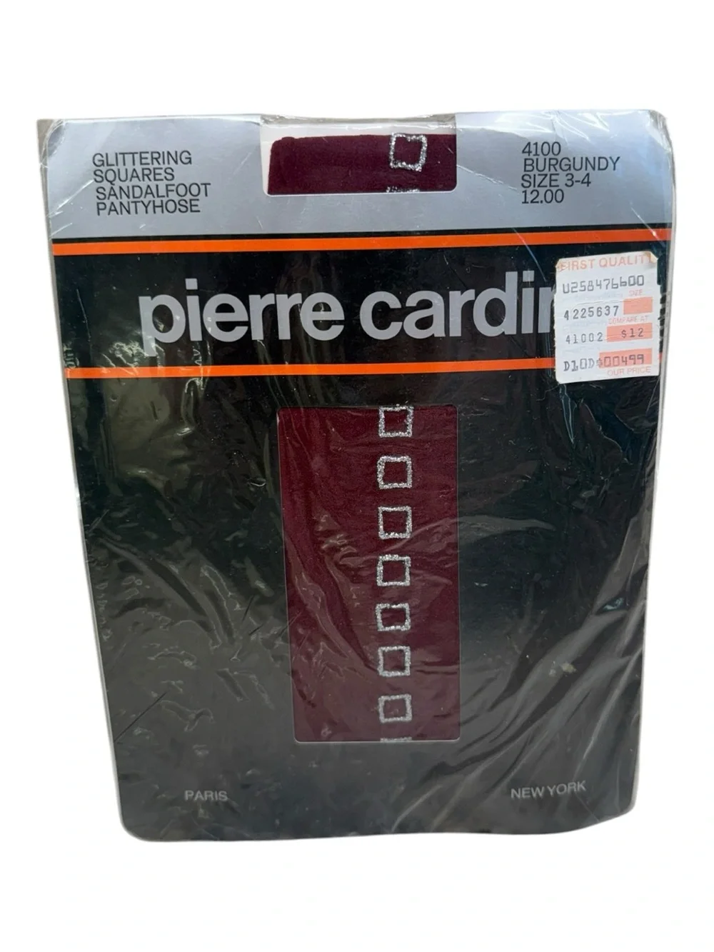 NOS Pierre Cardin Glittering Squares Pantyhose Sandalfoot Size 3-4 Burgundy